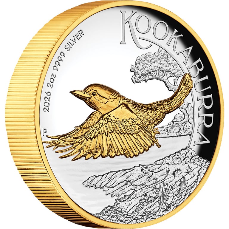 Side view of Front of Silver Kookaburra 2 oz PF - High Relief 2026