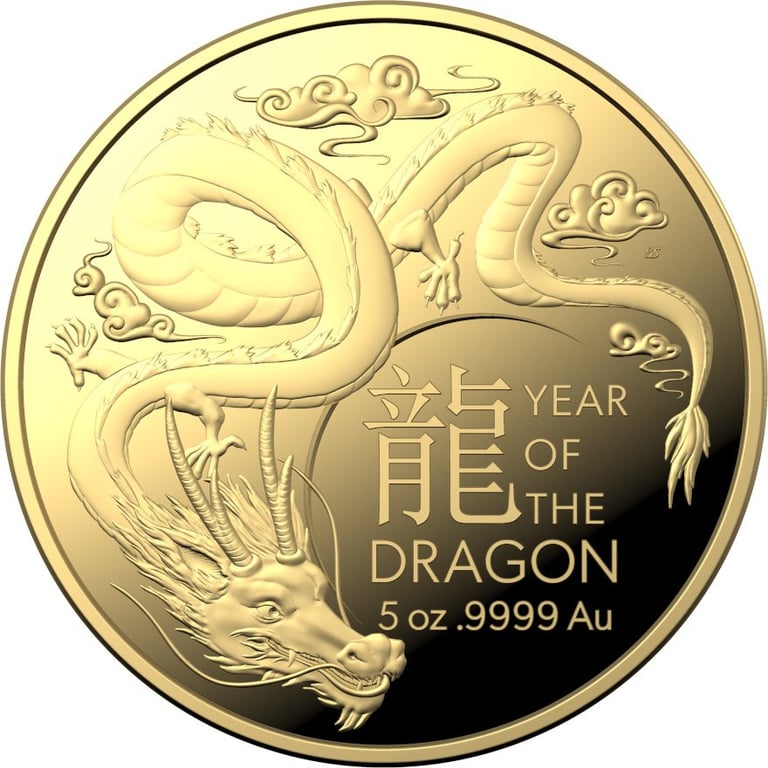 Front of the Gold Lunar Dragon 5 oz PF - RAM 2024