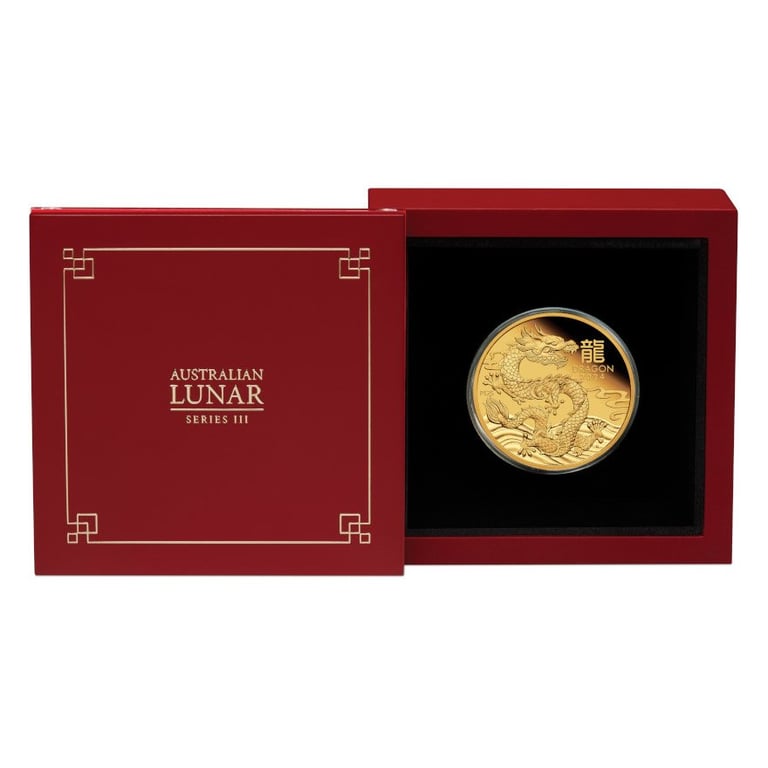 Gold Lunar III Dragon 1 oz PF - 2024 in the original coin case