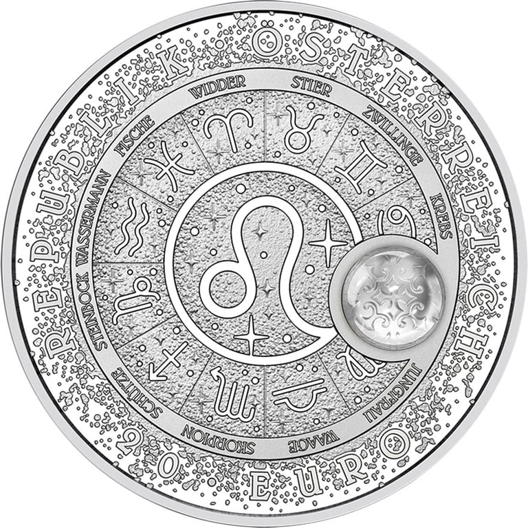 Back of Front of Silver Constellations – Leo 20 EUR PP AUT – Rock Crystal 2026