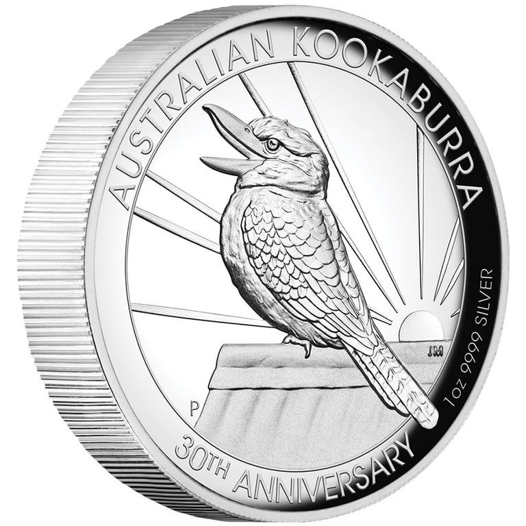 Side view of the Silver Kookaburra 1 oz PF - 30th Anniversary - High Relief