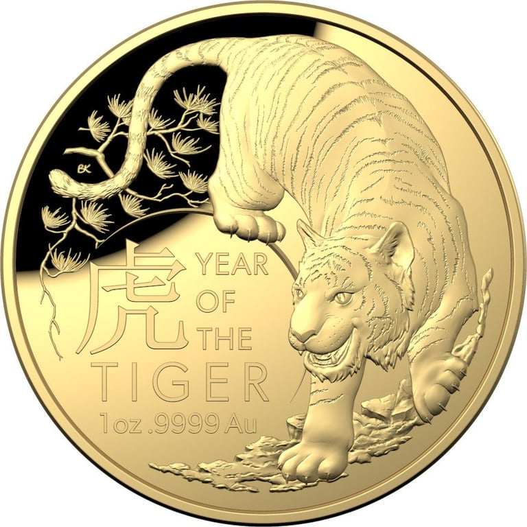 Front of the Gold Lunar Tiger 1 oz PF domed coin - RAM 2022