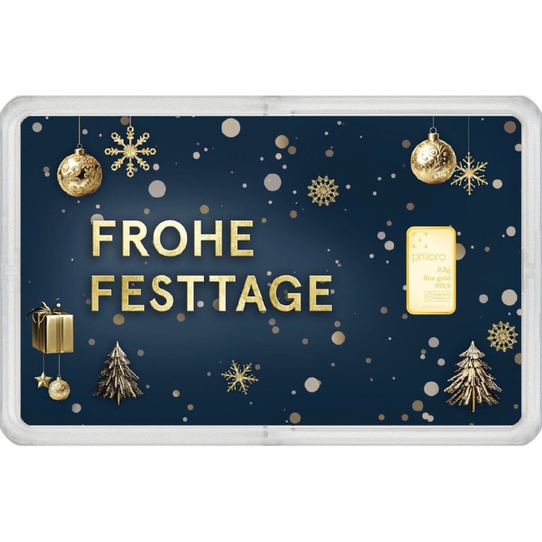 Front of the Gold bar 0.5 g - philoro gift card “Happy holidays”