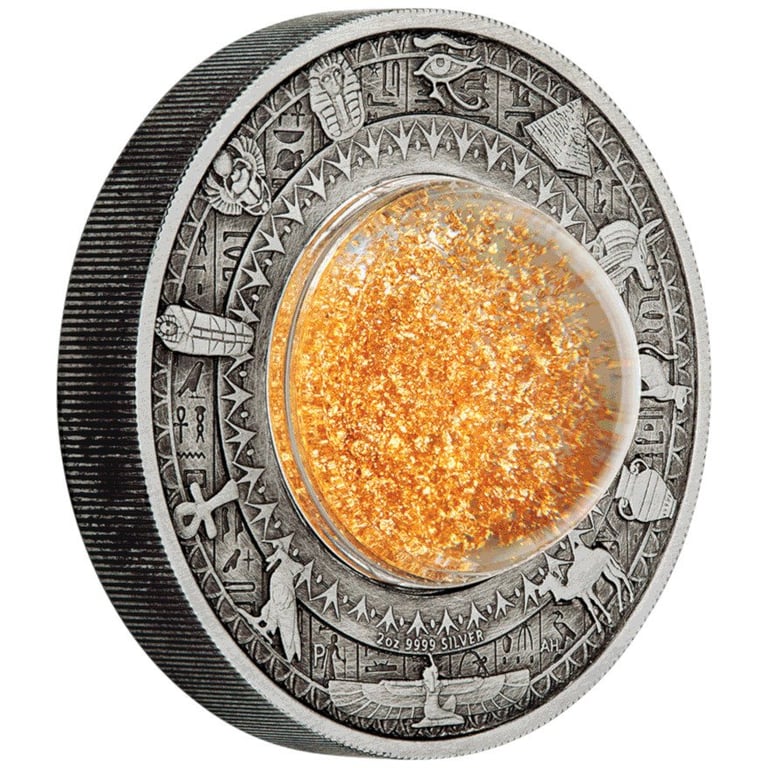 Side view of the Silver Treasures of Ancient Egypt 2 oz Antique Finish 2019