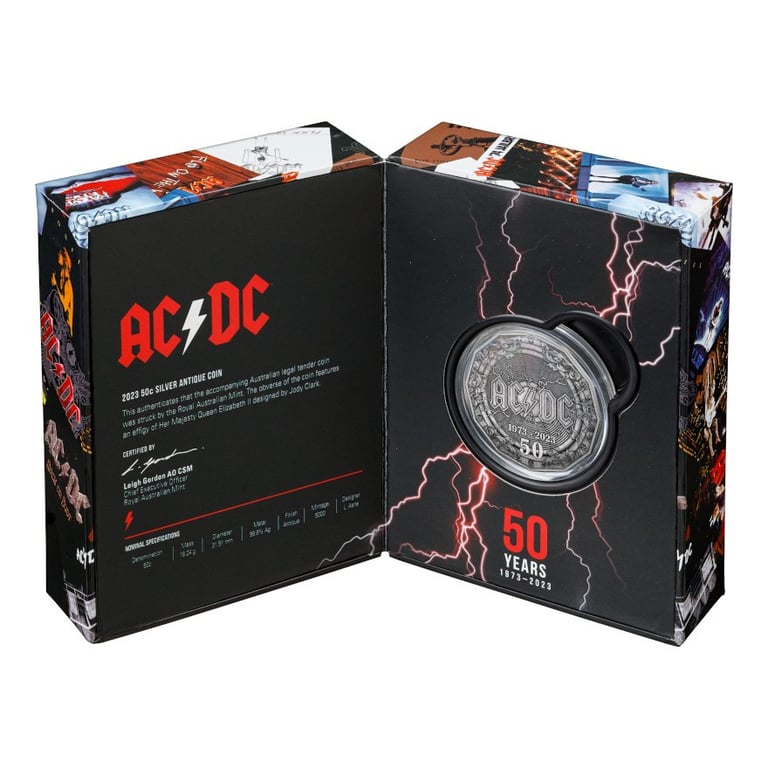 Silver ACDC - 50th Anniversary - Antique Finish RAM in the original coin case