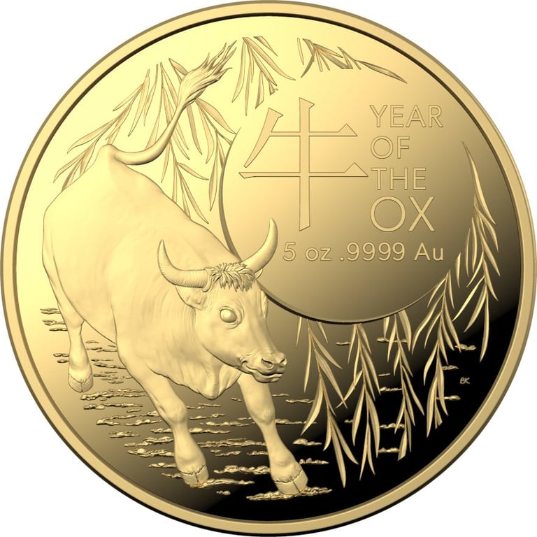 Front of the Gold 5 oz Lunar Ox PF - 2021- RAM