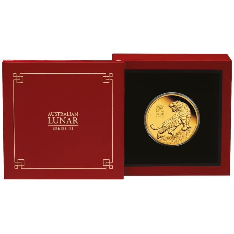 Gold Lunar III Tiger 1 oz PF 2022 in the original coin case