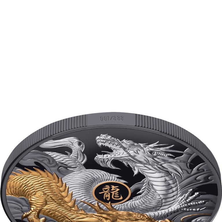 Side view of the Silver Year of the Dragon - 5 oz Black Proof - Partially Gold-Plated 2024