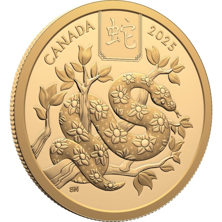 Side view of the Gold Lunar Snake 15 g PF - Royal Canadian Mint 2025