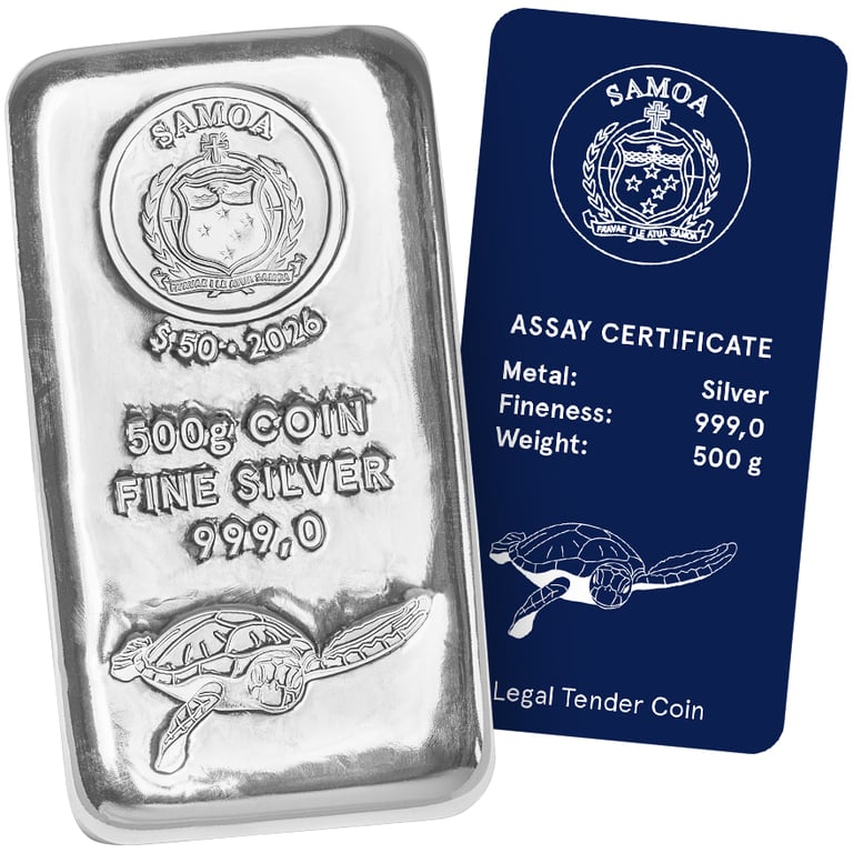 Front view & COA of the Silver coin bar Samoa 500 g - 2026