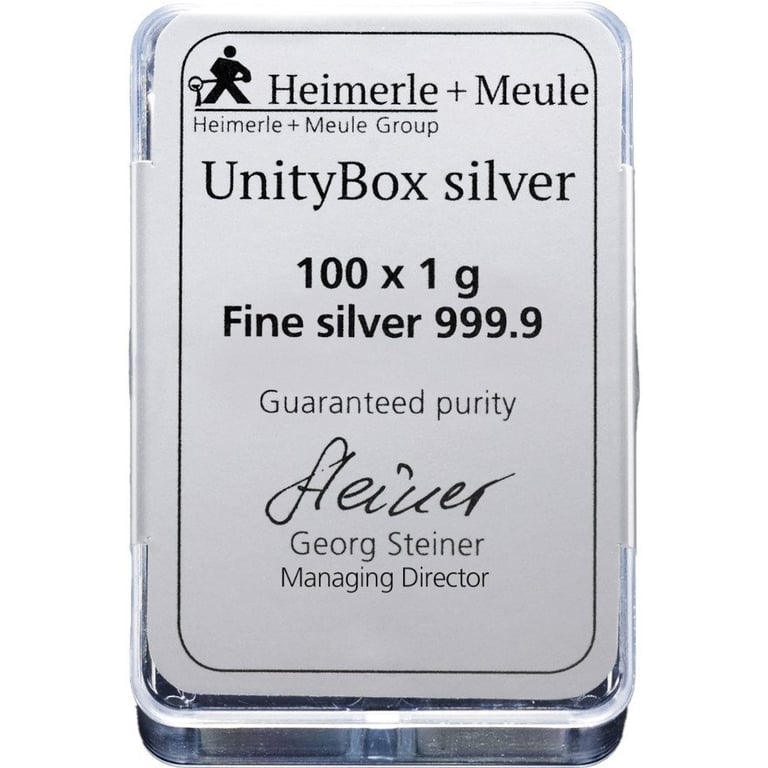 Front of the Silver bars UnityBox 100 x 1 g - various manufacturers