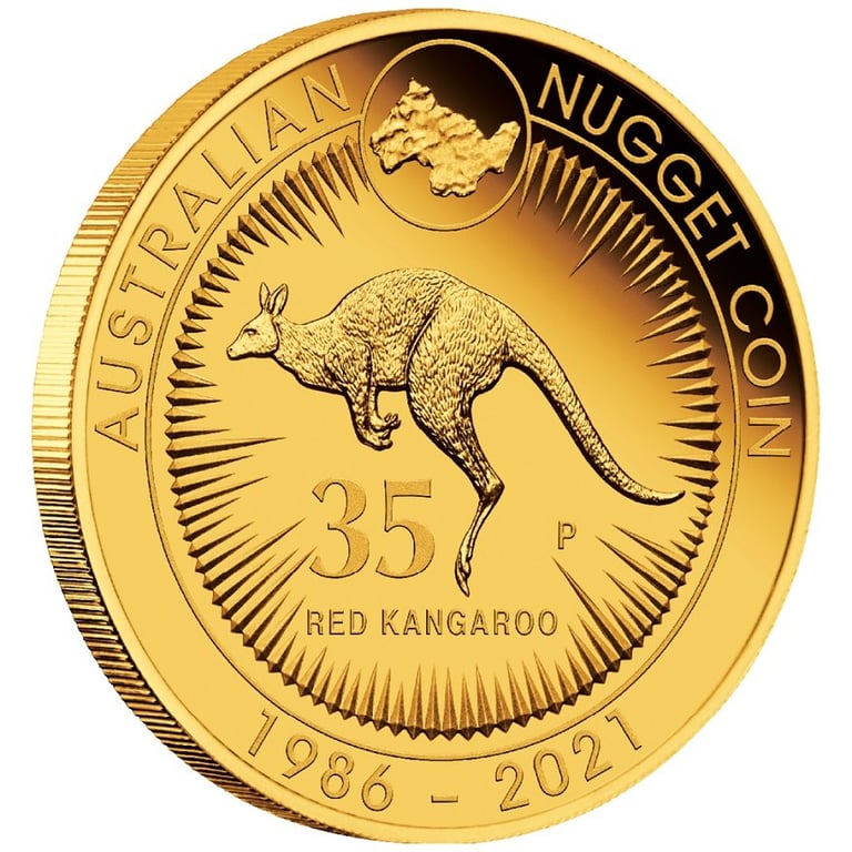 Side view of the Gold Kangaroo - 1/4 oz - 35th Anniversary - PF - 2021