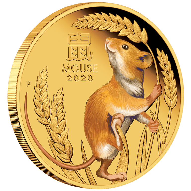 Side view of the Gold Lunar III Mouse 1 oz PF - colored 2020