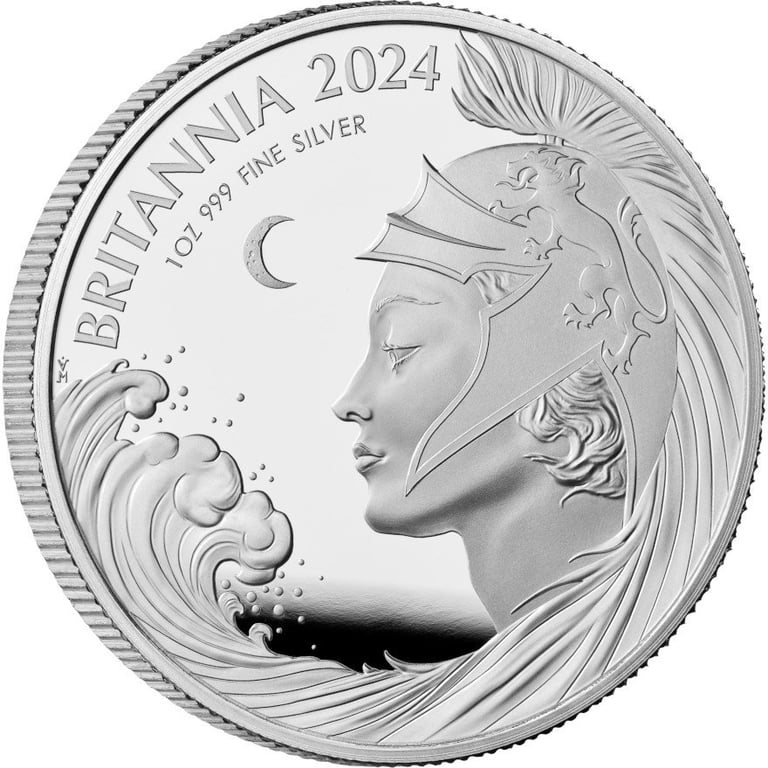Side view of the Silver Britannia 1 oz PF - 2024