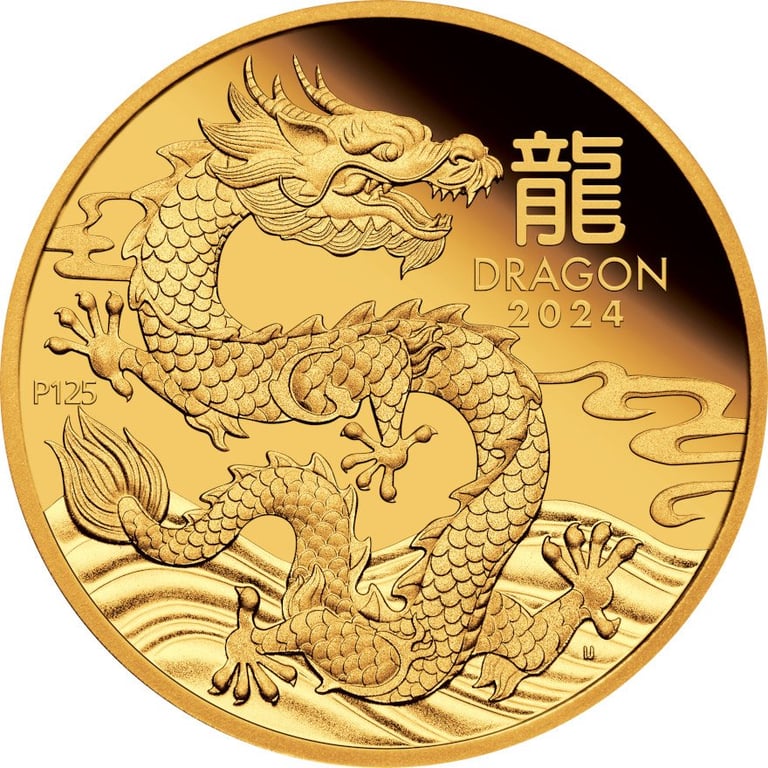 Front of the Gold Lunar III Dragon 1/10 oz PF - 2024