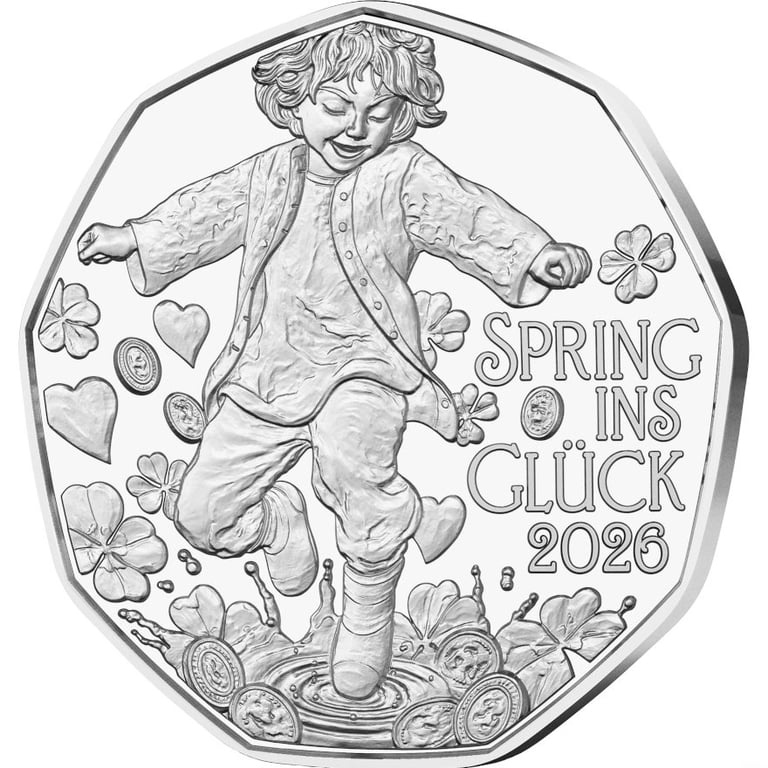 Side view of the Silver New Year coin ""Jump into happiness"" 5 EUR SU AUT - 2026