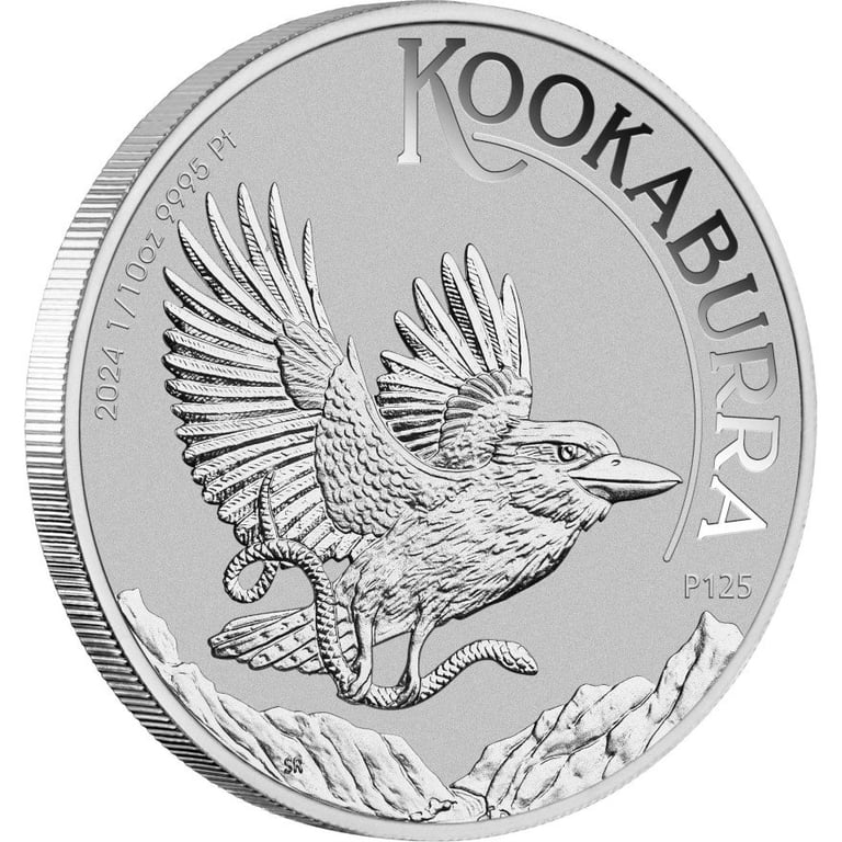 Side view of the Platinum Kookaburra 1/10 oz - 2024
