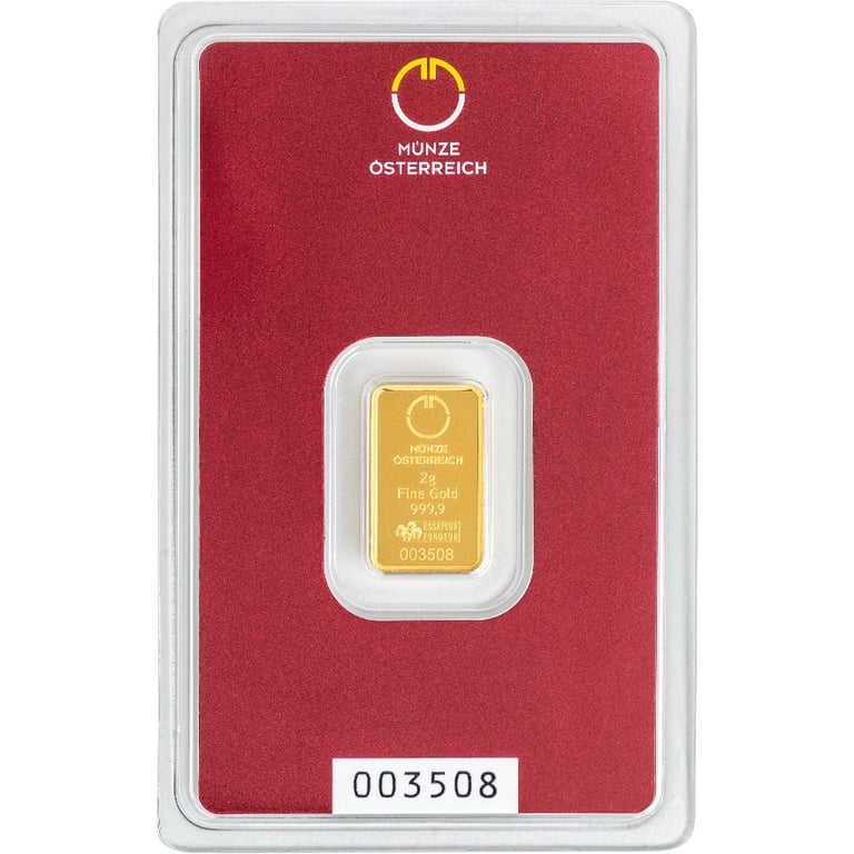 Front of the Gold bar 2 g - Austrian Mint in the blister card (Production version 2)