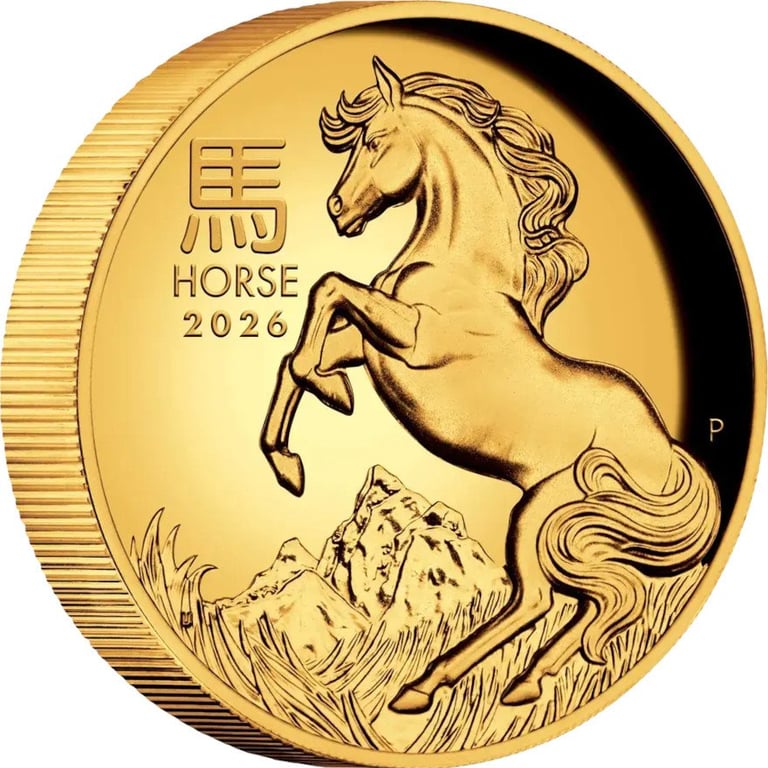 Side view of Gold Lunar III Pferd 1 oz PP - High Relief 2026