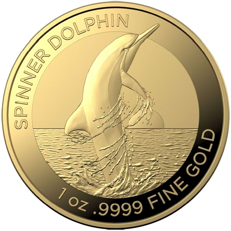 Front of the Gold Spinner Dolphin 1 oz - RAM 2020