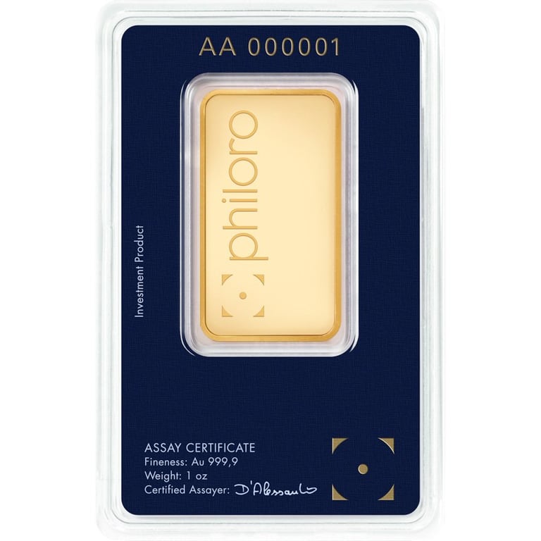 Back of the Gold bar 1 oz - philoro in the blister card