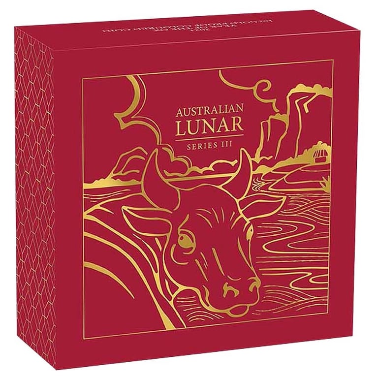 Original coin case of the Gold Lunar III - 1 oz Ox PF - colored