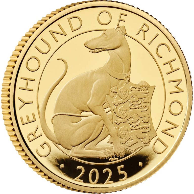 Side view of the Gold Greyhound of Richmond 1/4 oz PF - Royal Tudor Beasts 2025