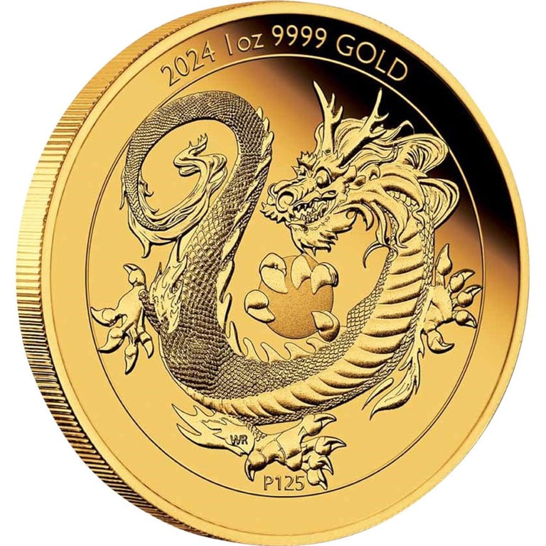 Side view of the Gold Dragon Chinese Mythical Creatures 1 oz PF - 2024
