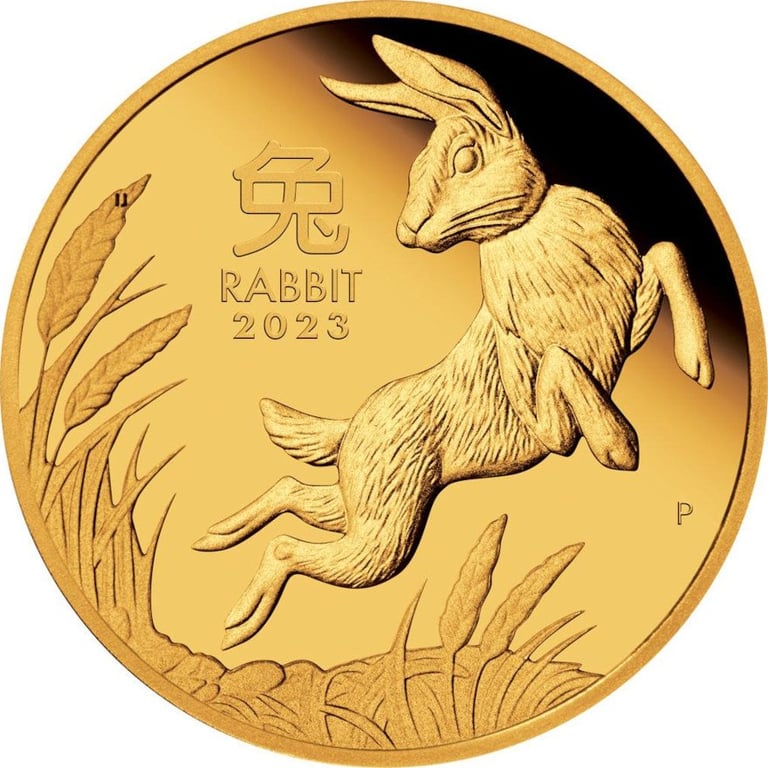 Front of the Gold Lunar III Rabbit 1/10 oz PF - 2023