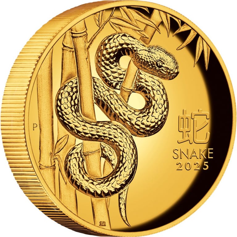 Side view of the Gold Lunar III Snake 1 oz PF - High Relief 2025
