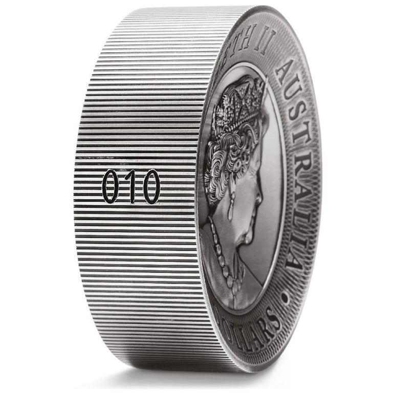 Side view of the Silver Great Barrier Reef 2 kg 2021 - High Relief - Antique Finish