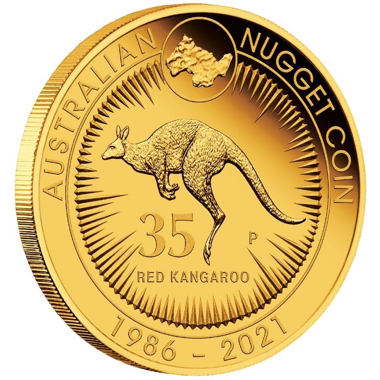 Side view of the Gold Kangaroo 1 oz - 35th Anniversary - PF - 2021