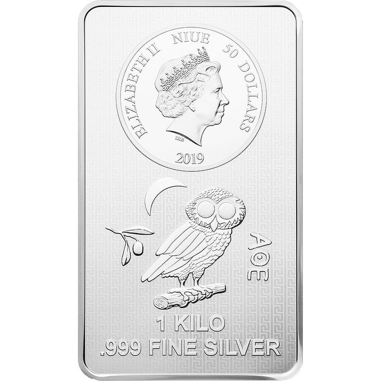 Front of the Silver owl 1000 g coin bar
