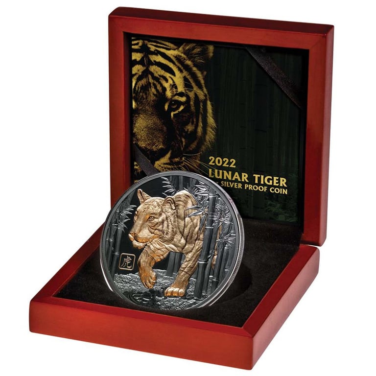 Silver Year of the Tiger - 5 oz Black Proof - Partially Gold-Plated 2022 in the original coin case