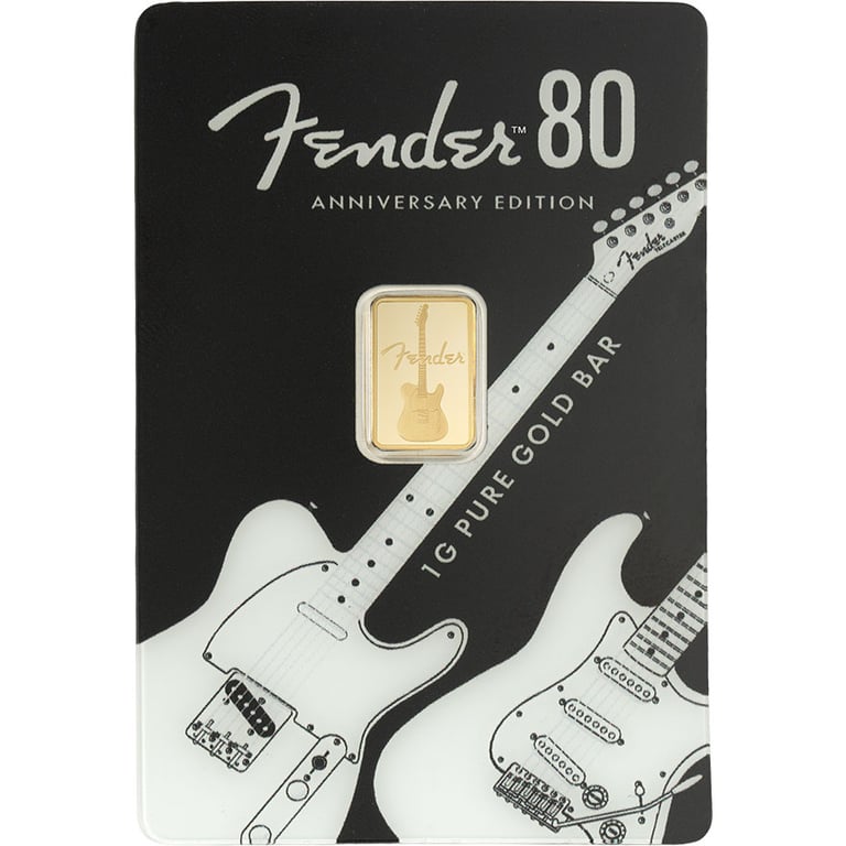 Front of Gold Bar 1 g "Fender 80th Anniversary" - PAMP in Blister
