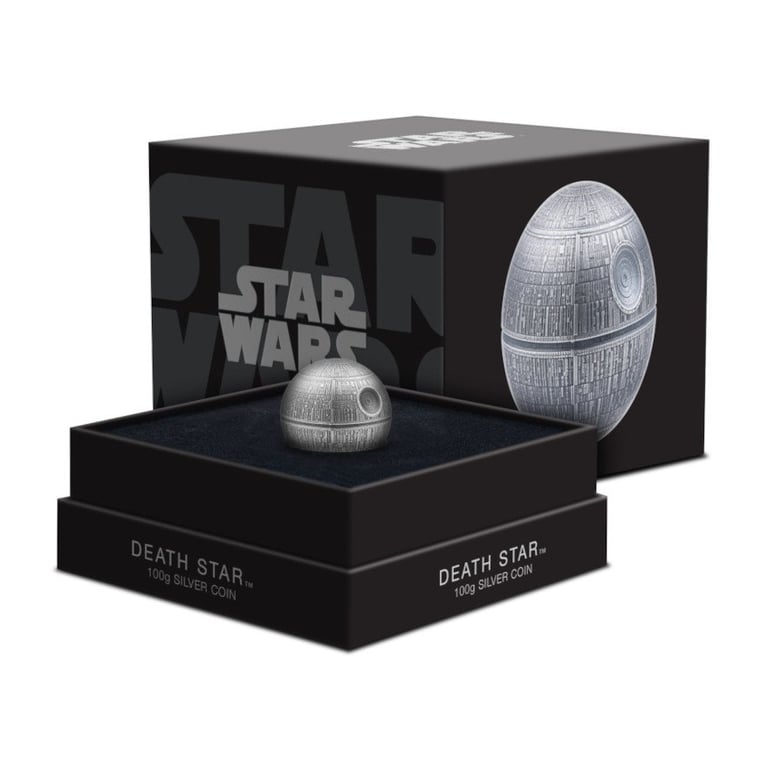 Original coin case of the Silver STAR WARS Death Star - 3D round coin 100 g antique finish