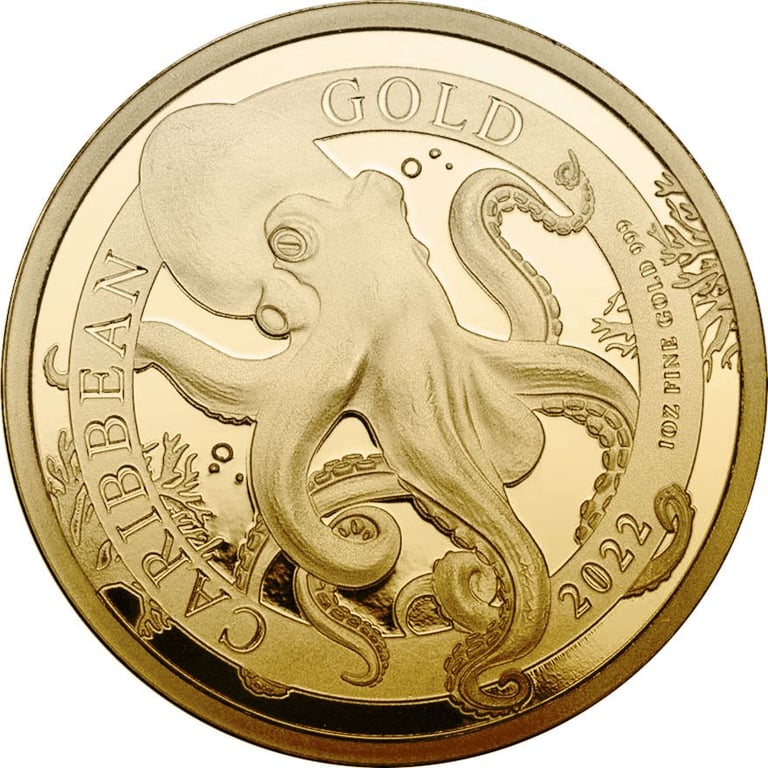 Front of the Gold Barbados Octopus 1 oz - 2022