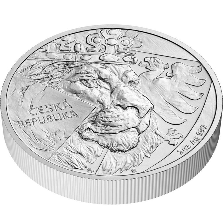 Side view of the Silver Czech Lion 2 oz - in blister 2024