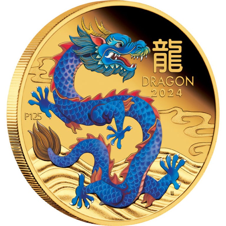 Side view of the Gold Lunar III Dragon 1 oz Proof - colored 2024