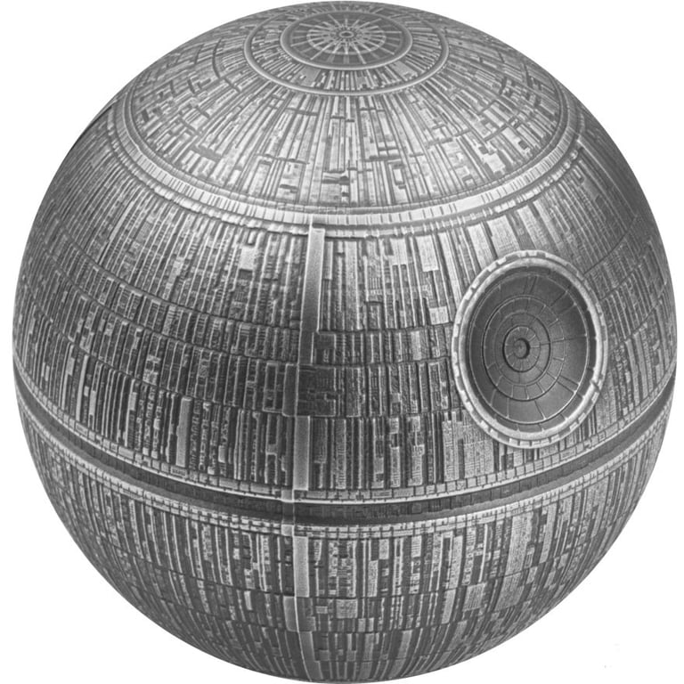 Front of the Silver STAR WARS Death Star - 3D round coin 300 g antique finish