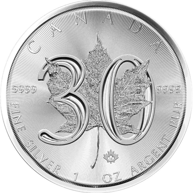 Front of the Silver Maple Leaf 1 oz - 30th Anniversary 2018