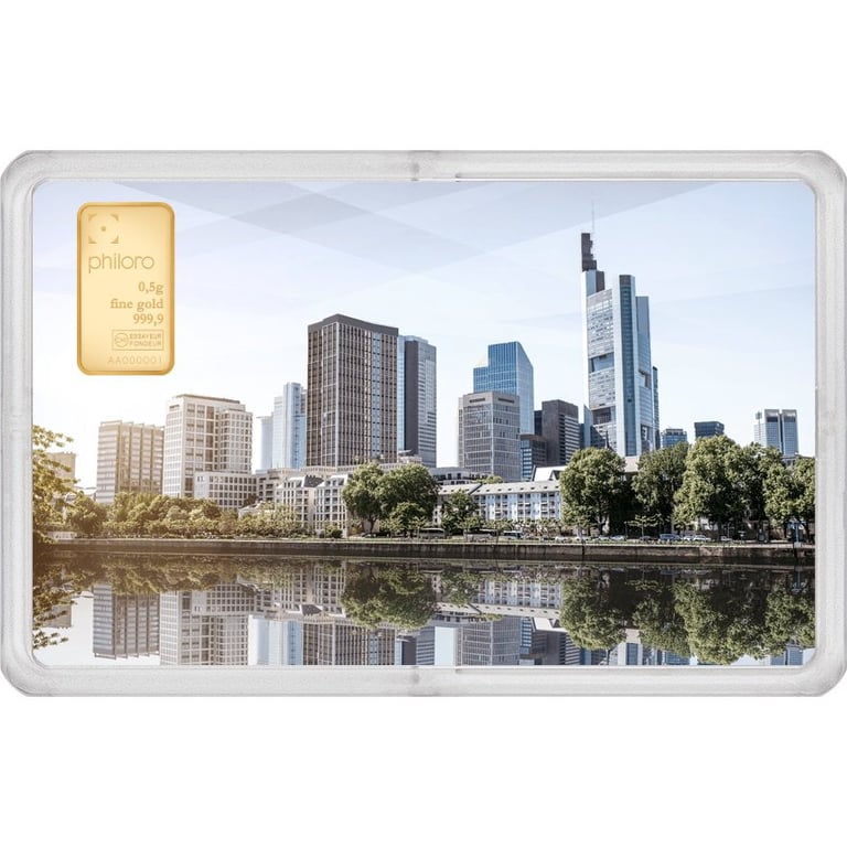 Front of the Gold bar 0.5 g - philoro - Frankfurt city map