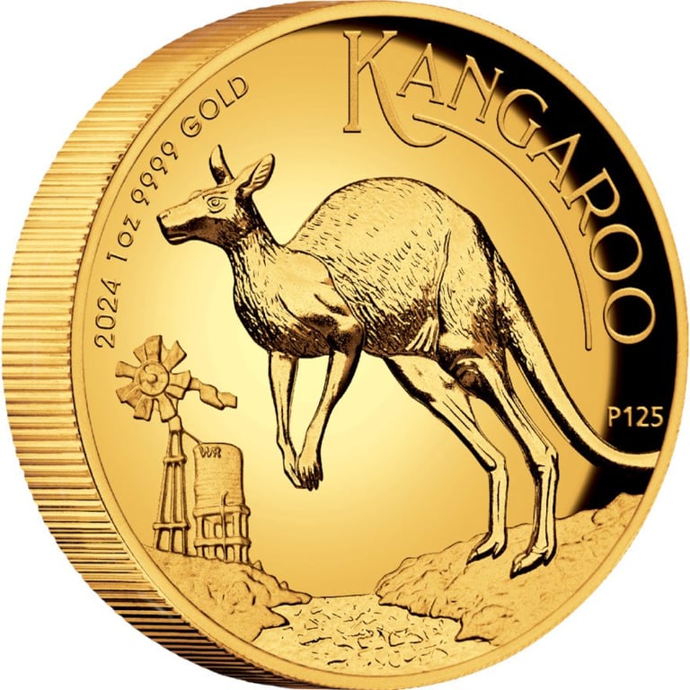 Side view of the Gold Kangaroo 1 oz PF - High Relief 2024