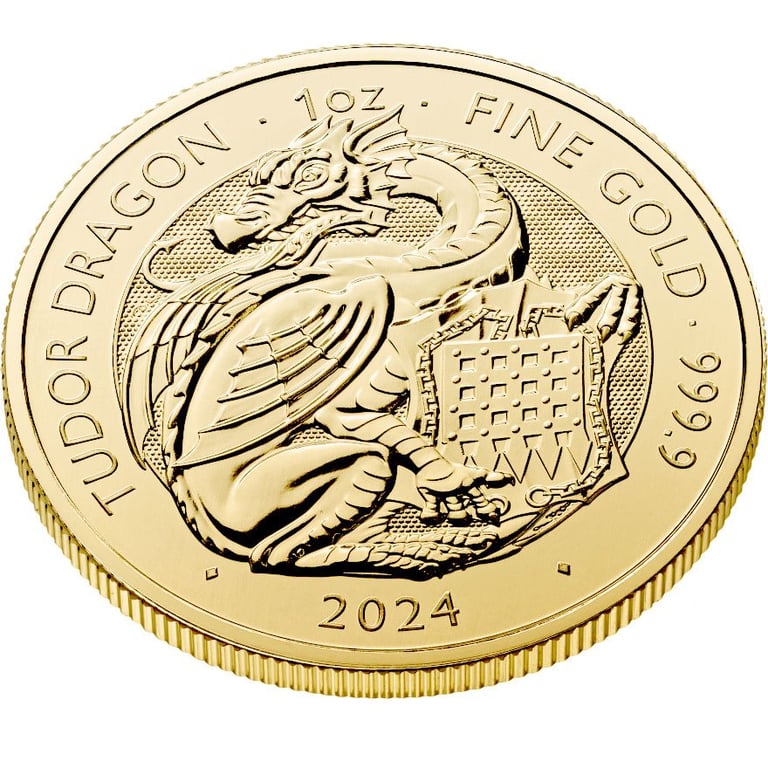 Side view of the Gold Tudor Dragon 1 oz - Royal Tudor Beasts 2024