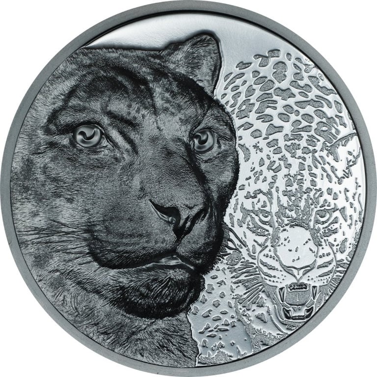 Front of the Silver Snow Leopard 2 oz Black Proof - High Relief 2024