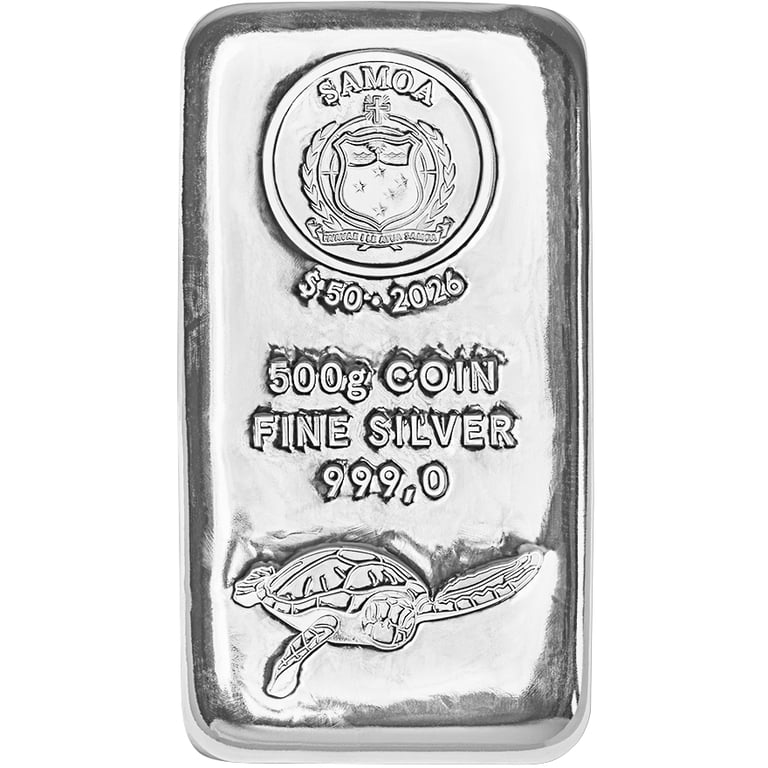 Front view of the Silver coin bar Samoa 500 g - 2026