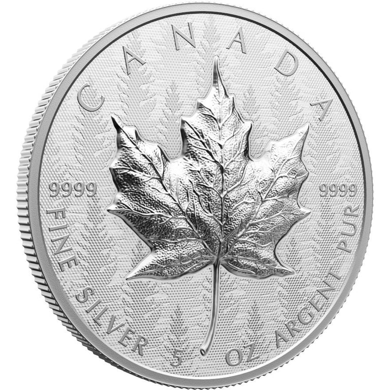 Side view of the Silver Maple Leaf 5 oz RP - Ultra High Relief 2024