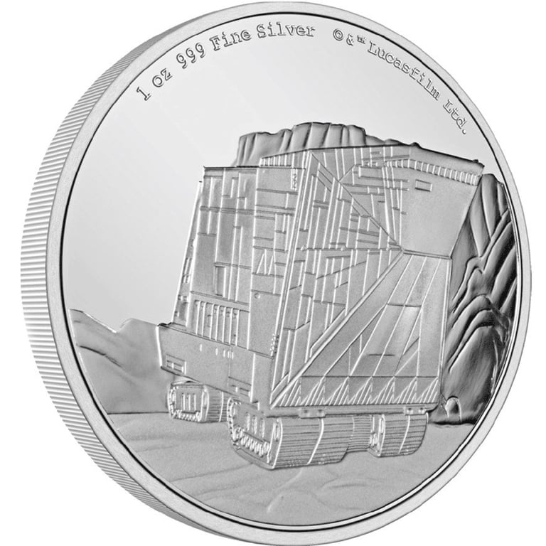 Side view of the Silver STAR WARS Sandcrawler 1 oz - PF 2022