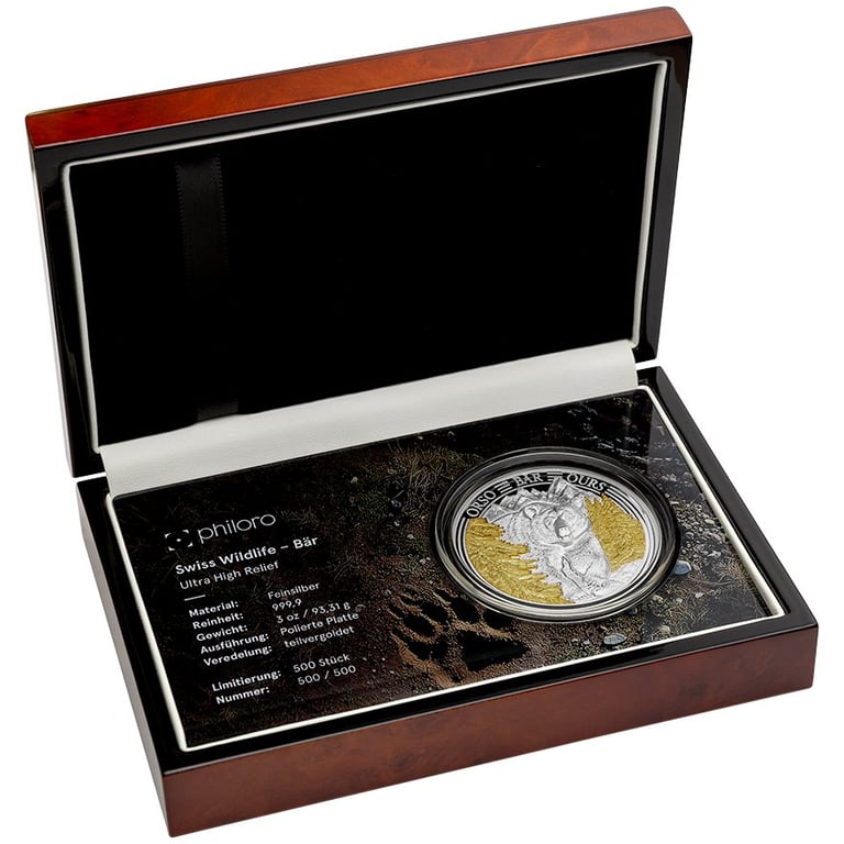 Silver Swiss Wildlife - Bear 3 oz PP - Ultra High Relief 2025 in the original coin case