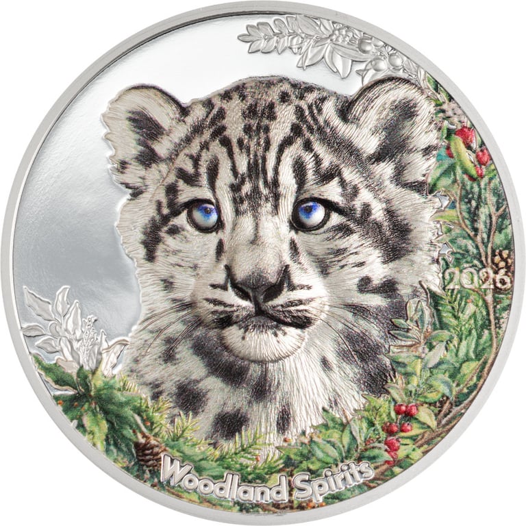 Front of Silber Woodland Spirits - Snow Leopard 1 oz Proof - High Relief 2026